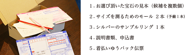 1.お選び頂いた宝石の見本(候補を複数個)2.サイズを測るためのモール 2本(予備1本) 3.シルバーのサンプルリング 1本 4.説明書類、申込書5.着払いゆうパック伝票